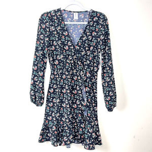 Abound Black Floral Long Sleeve Ruffled Wrap Mini Tea Dress NWT Size XS